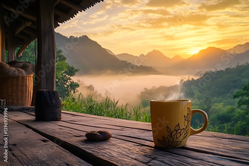 An early morning scene of a coffee cup on a rustic porch, misty mountains in the background and a soft, golden sunrise.