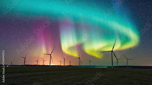 Surreal energy horizon with a breathtaking northern lights display above wind farm
