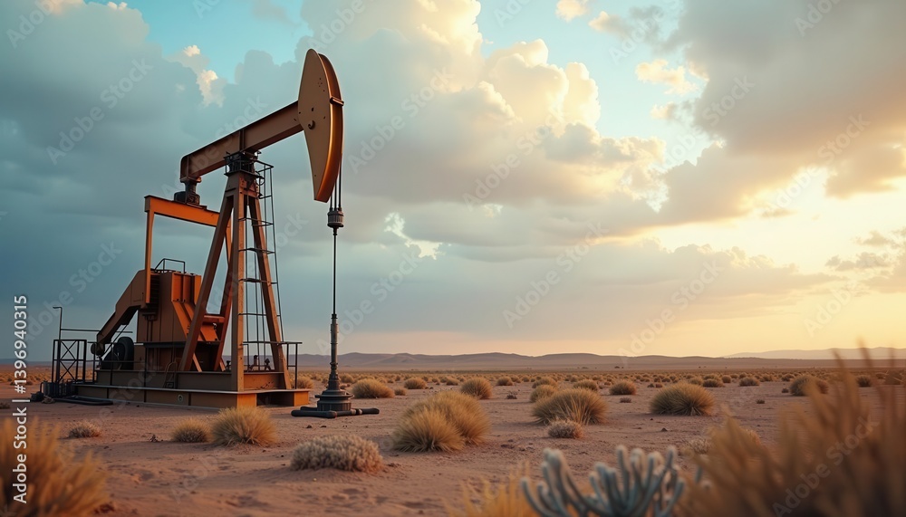 An oil pumpjack stands against a dramatic sky, highlighting the intersection of nature and industrial progress., 3D render. An oil pumpjack stands against a dramatic sky, highlighting the intersection of nature and industrial progress., 3D render.