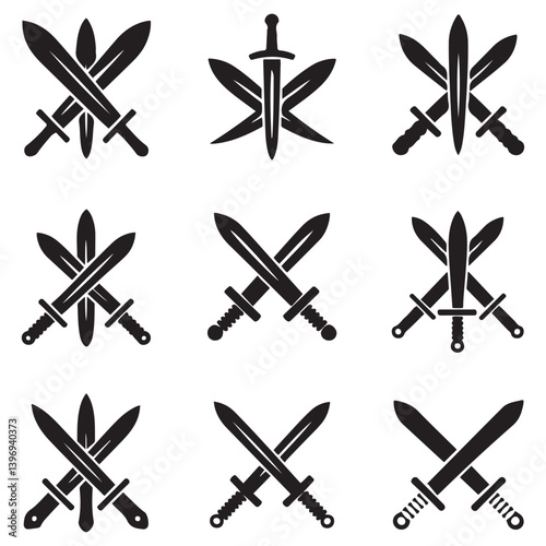 Sword icons set. Vector Black silhouettes Ancient swords signs and crossed pictograms. with white background