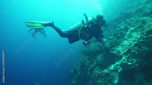 Wallpaper Mural Group of divers swims near rocky wall underwater in ocean Torontodigital.ca