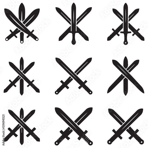 Sword icons set. Vector Black silhouettes Ancient swords signs and crossed pictograms. with white background