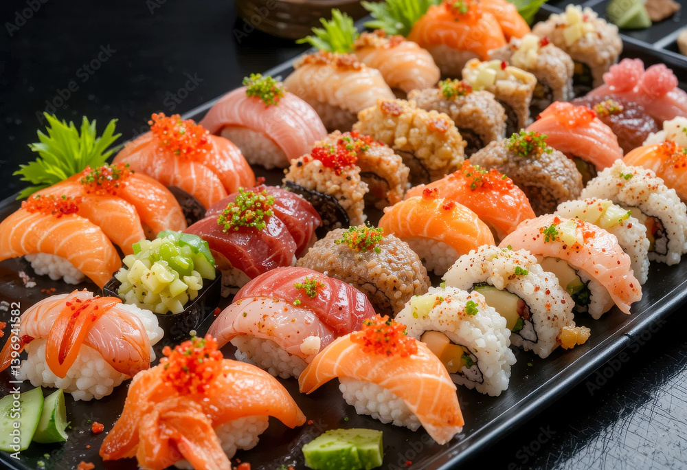 A vibrant sushi platter featuring various colorful rolls salmon tuna and rice A vibrant sushi platter featuring various colorful rolls salmon tuna and rice