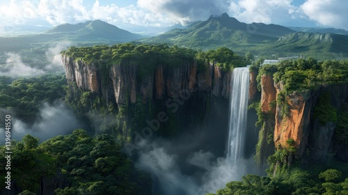 Lush mountain valley with waterfall