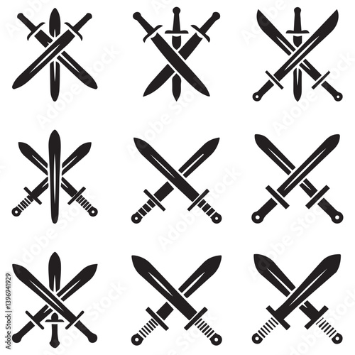 Sword icons set. Vector Black silhouettes Ancient swords signs and crossed pictograms. with white background