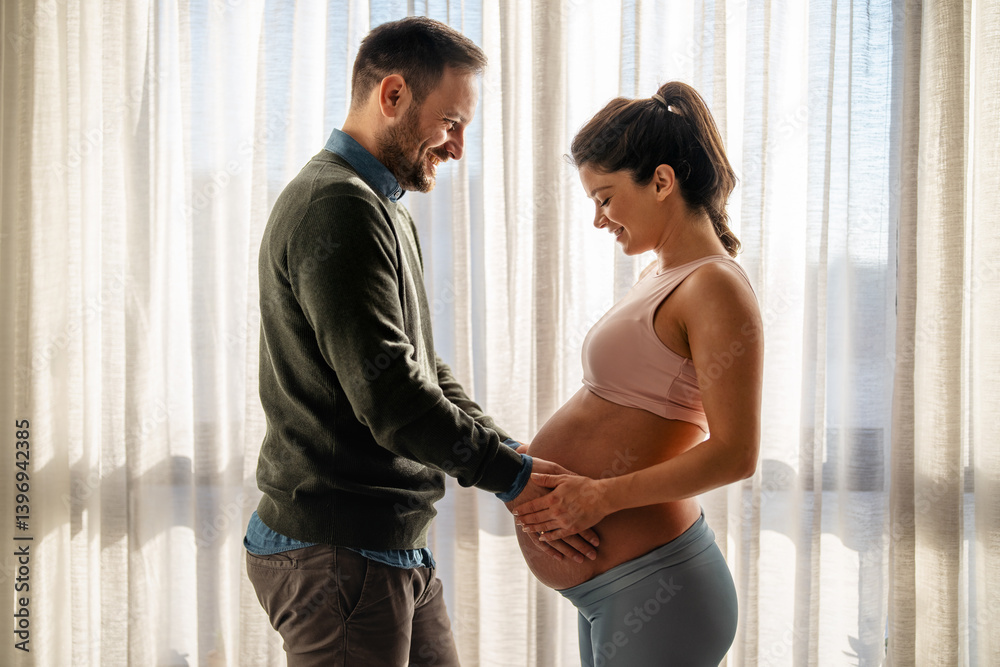 Expectation, wanted pregnancy. Young happy couple man and woman in love can't wait to become parents