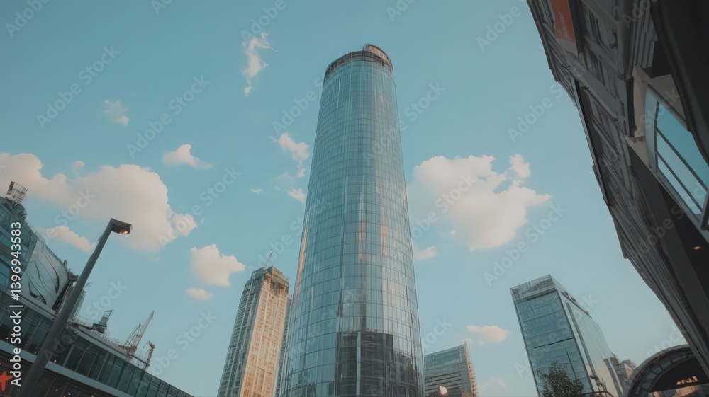 Obraz premium Modern Glass Skyscraper in Urban Cityscape Under Partly Cloudy Sky