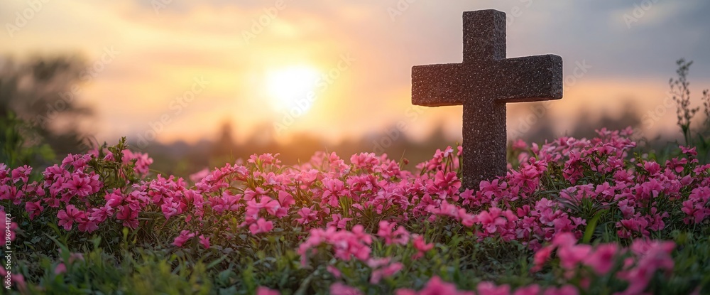 Sunset over a grave with pink flowers Sunset over a grave with pink flowers
