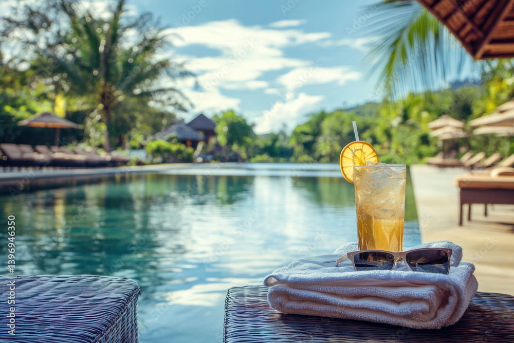 Obraz premium Refreshing drink by the poolside under a clear blue sky in a tropical resort setting