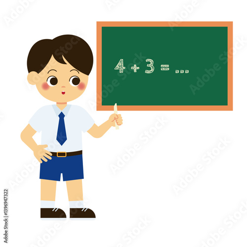 Classroom School Activity 1 Boy Solving Math Problem on Chalkboard