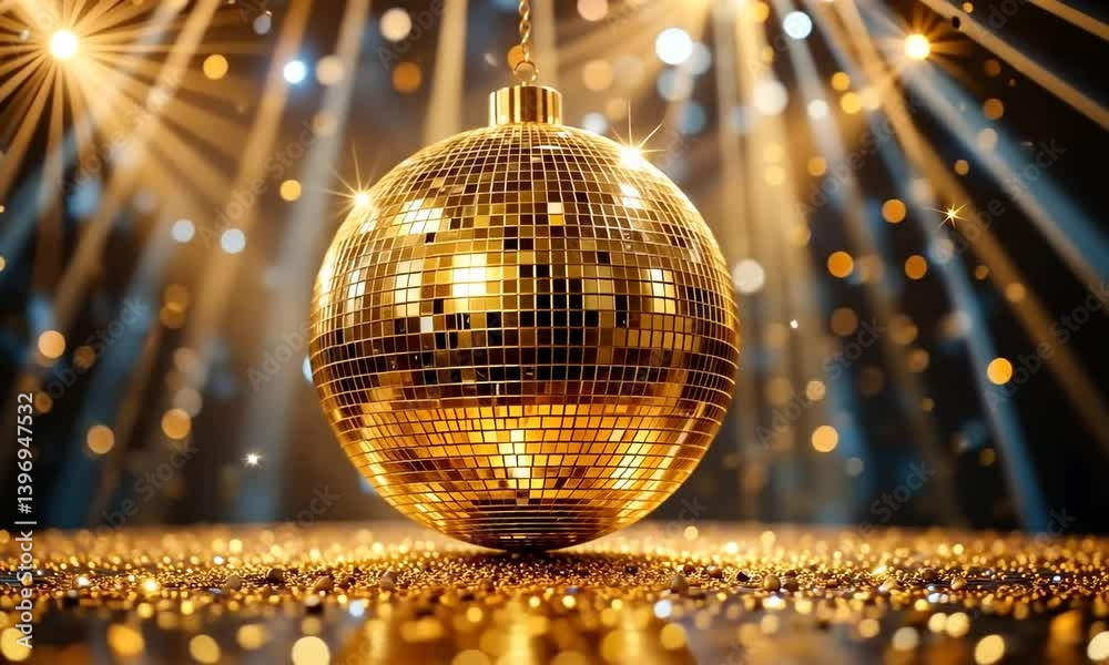Glittering Gold Disco Ball with Reflecting Lights. Stunning Party Atmosphere with Sparkling Lights, Bright Mood. Party Celebration. Glamorous Decoration. Stylish Design for Holiday, New Year. 4k video