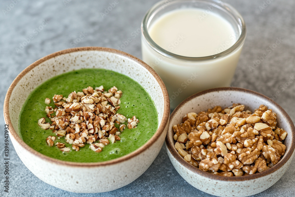 Power Breakfast: Green Smoothie, Almond Milk, and Nut Bowl Power Breakfast: Green Smoothie, Almond Milk, and Nut Bowl