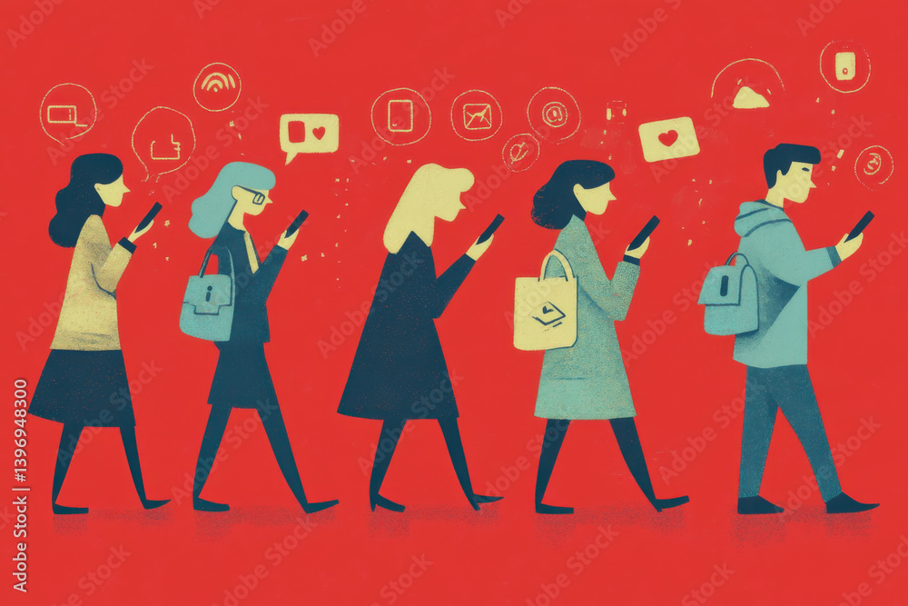 Group of people walking while using smartphones, engaging with social media, in a vibrant urban environment