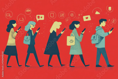 Obraz na płótnie Group of people walking while using smartphones, engaging with social media, in a vibrant urban environment w salonie
