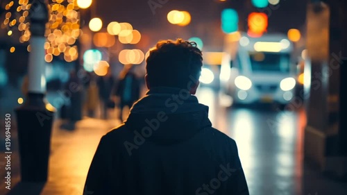A solitary figure walks through a bustling city street at night, illuminated by colorful lights