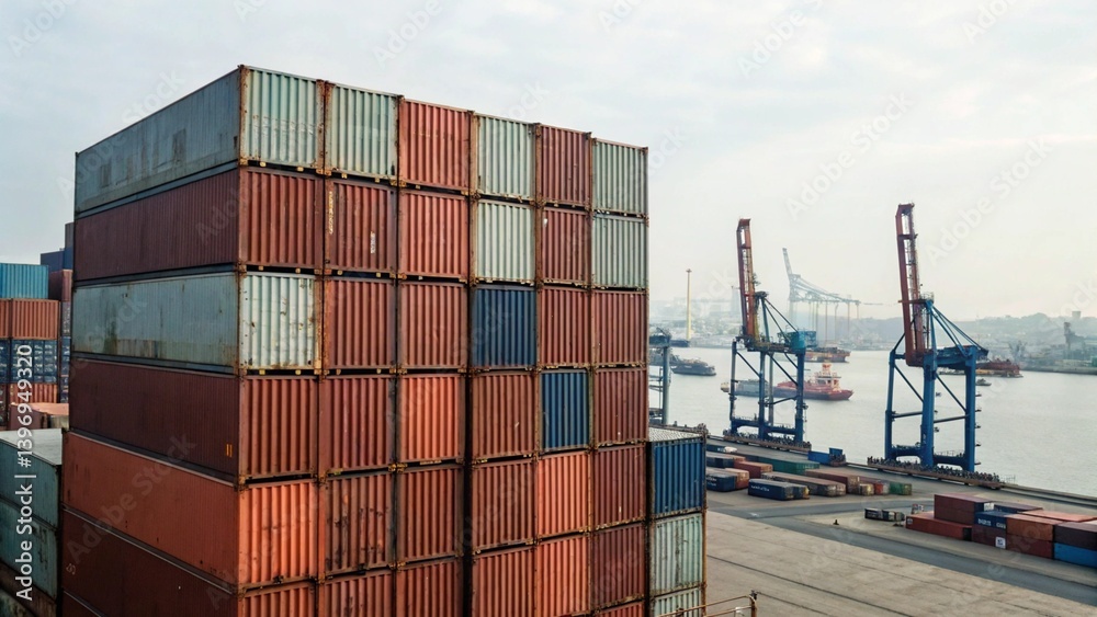 Fototapeta premium Aerial View of Stacked Cargo Containers at Busy Industrial Port Terminal with Shipping Cranes 