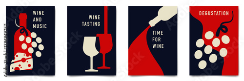 Set of minimalist wine tasting poster design. Flat vector illustration. Bottles of wine, glasses, grapes and cheese.	
