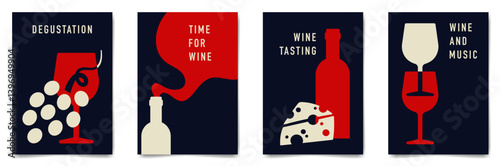 Set of minimalist wine tasting poster design. Flat vector illustration. Bottles of wine, glasses, grapes and cheese.	