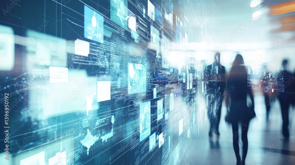 Digital Wall, Blurred People, Modern Space Digital Wall, Blurred People, Modern Space