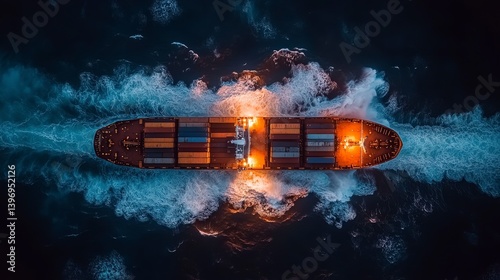 Aerial view of a fast-moving cargo ship with colorful containers on the deck in the open sea at night, navy blue waves and sky forming the backdrop.