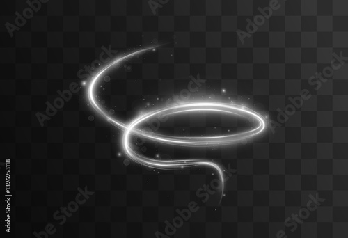 White dynamic light wave with sparkle and shimmer effects. Glowing twirl with bokeh and energy motion. Perfect for festive, abstract, or luxury-themed vector designs