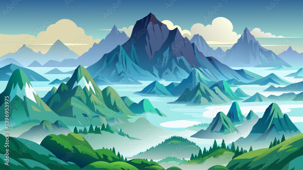 Fototapeta premium A vector illustration of misty mountains with soft fog