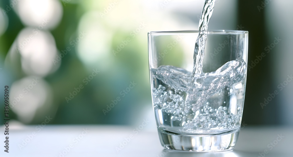 Water is poured into a glass on a table with a blurred background. Water is poured into a glass on a table with a blurred background.