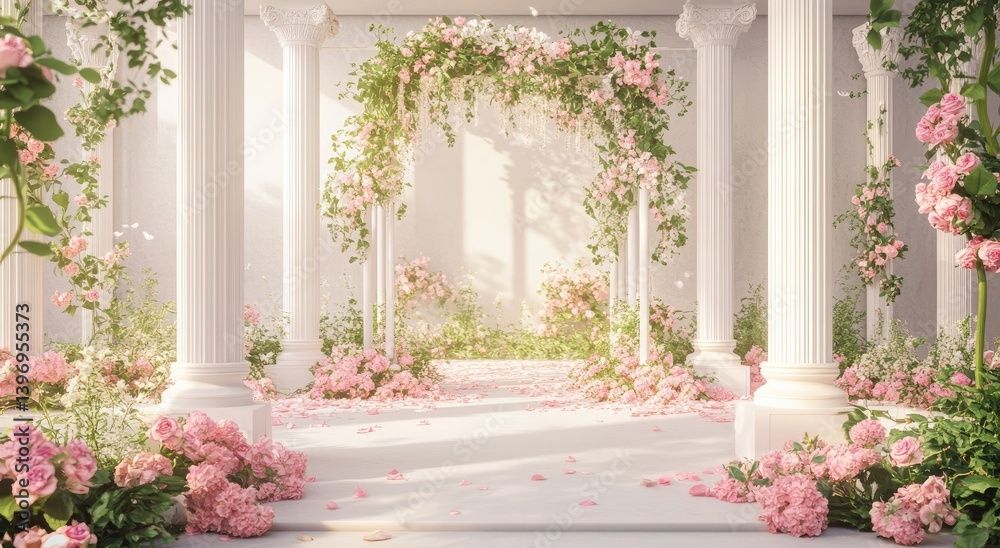 Fototapeta premium A dreamy floral archway adorned with pastel pink roses, in a sunlit classical colonnade.