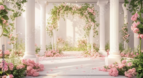 A dreamy floral archway adorned with pastel pink roses, in a sunlit classical colonnade. photo