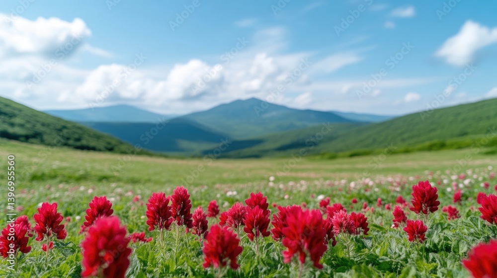 Lush alpine meadow with vibrant red wildflowers, panoramic mountain backdrop Lush alpine meadow with vibrant red wildflowers, panoramic mountain backdrop