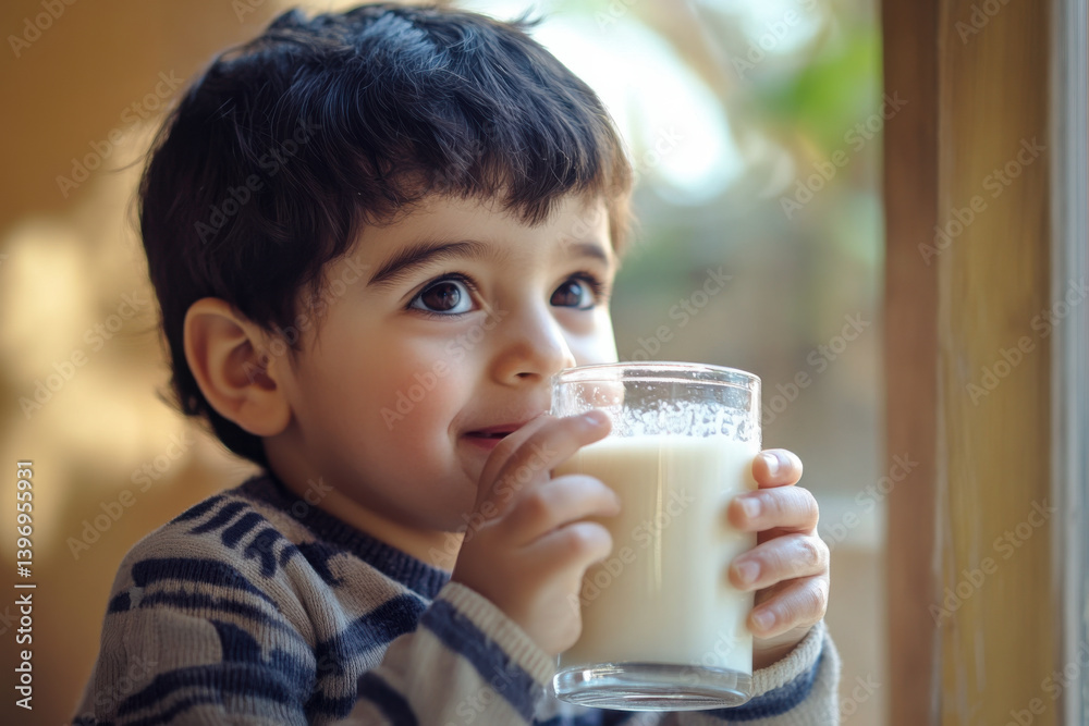 Young child enjoying a glass of milk while sitting by a sunny window in a cozy indoor setting Young child enjoying a glass of milk while sitting by a sunny window in a cozy indoor setting