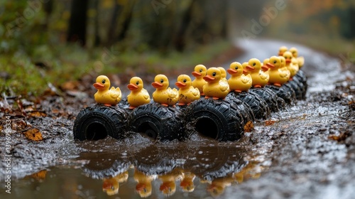 Rubber ducks on tires in muddy path
