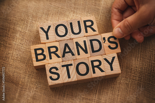 Wooden blocks spelling Your Brand's Story on burlap background, showcasing brand storytelling concept for marketing and business