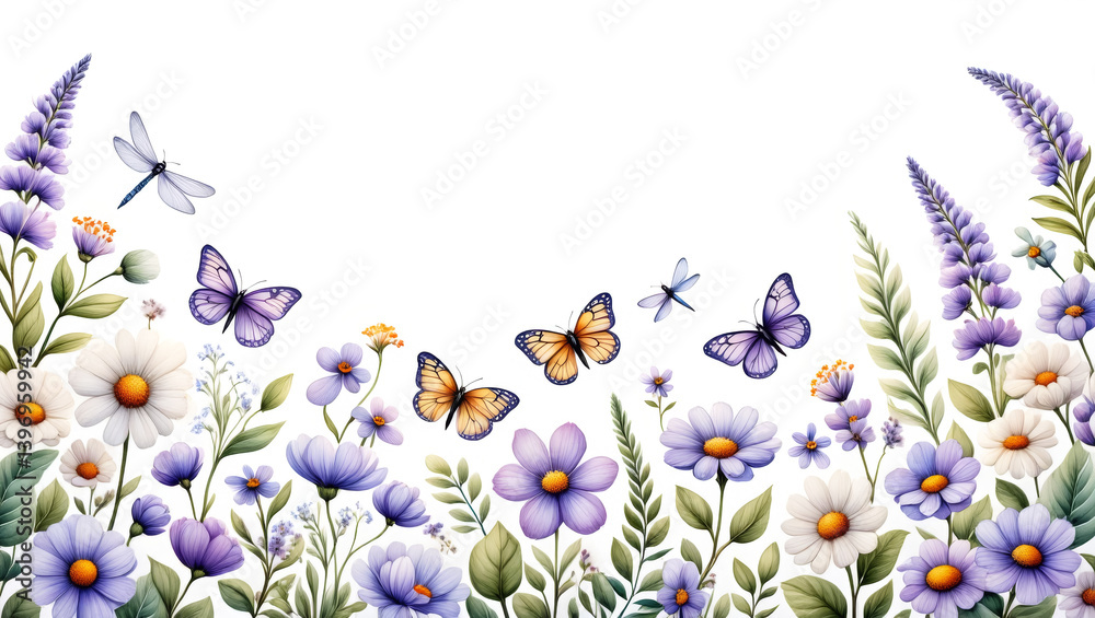 Painting of a field of flowers with a variety of butterflies and dragonflies