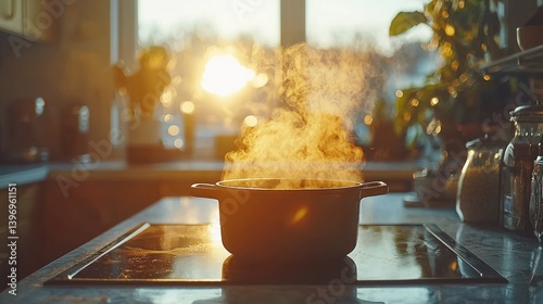 Steaming pot, sunset kitchen