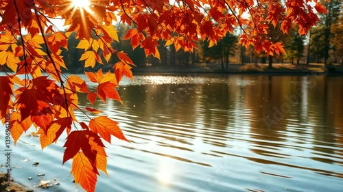 4K Autumn Lakeside Serenity - Golden Hour Foliage Reflections with Floating Leaves & Gentle Breeze | Peaceful Nature Scene