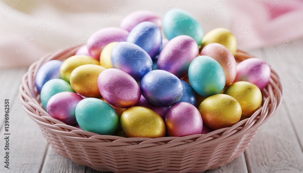 Basket filled with shiny pastel-colored chocolate eggs in neat pile on wooden surface