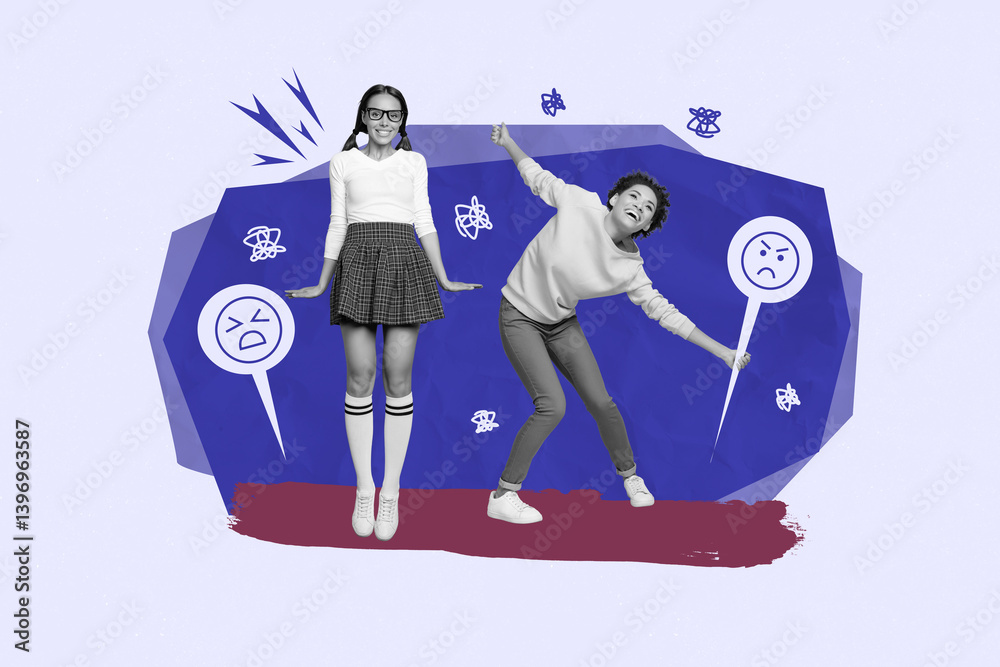 Fototapeta premium Trendy 3d zine full photo collage of girl guy receive cyberbully hate concept bad emoji icon sad smiley hate content abuse