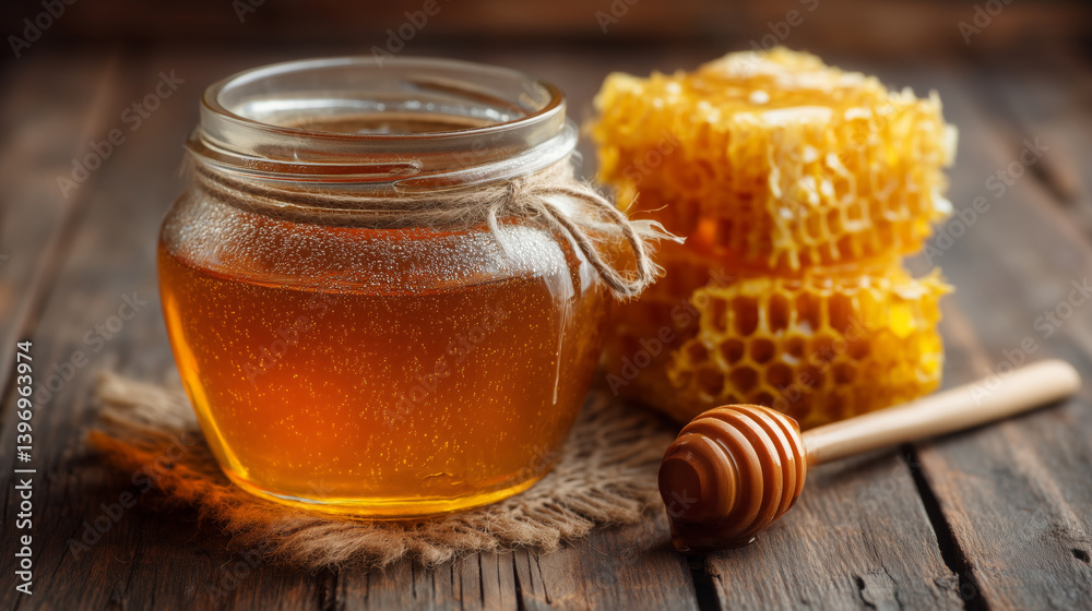 Jar of honey with wooden dipper and honeycombs Jar of honey with wooden dipper and honeycombs
