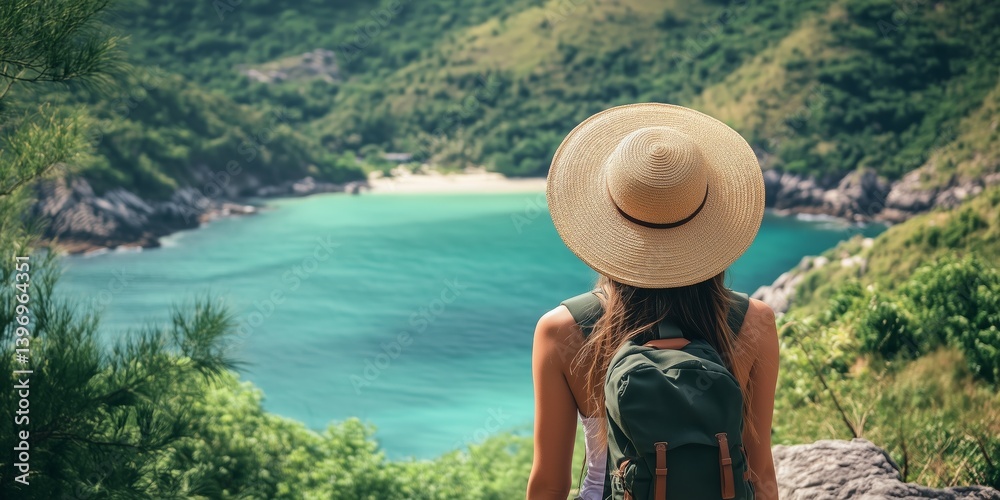 Fototapeta premium Woman wearing a straw hat and backpack standing on cliff edge, looking at turquoise sea and green cliffs, enjoying tropical summer vacation adventure in nature.