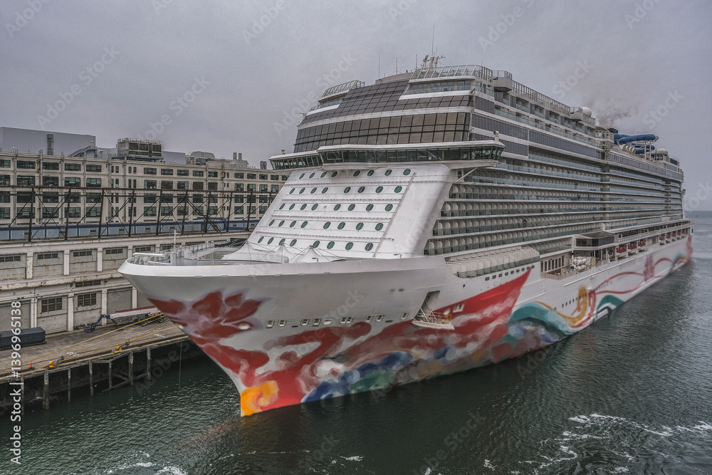 Mega modern family cruiseship cruise ship liner Joy docked at Boston terminal for Caribbean or Bermuda cruise on rainy grey cloudy day