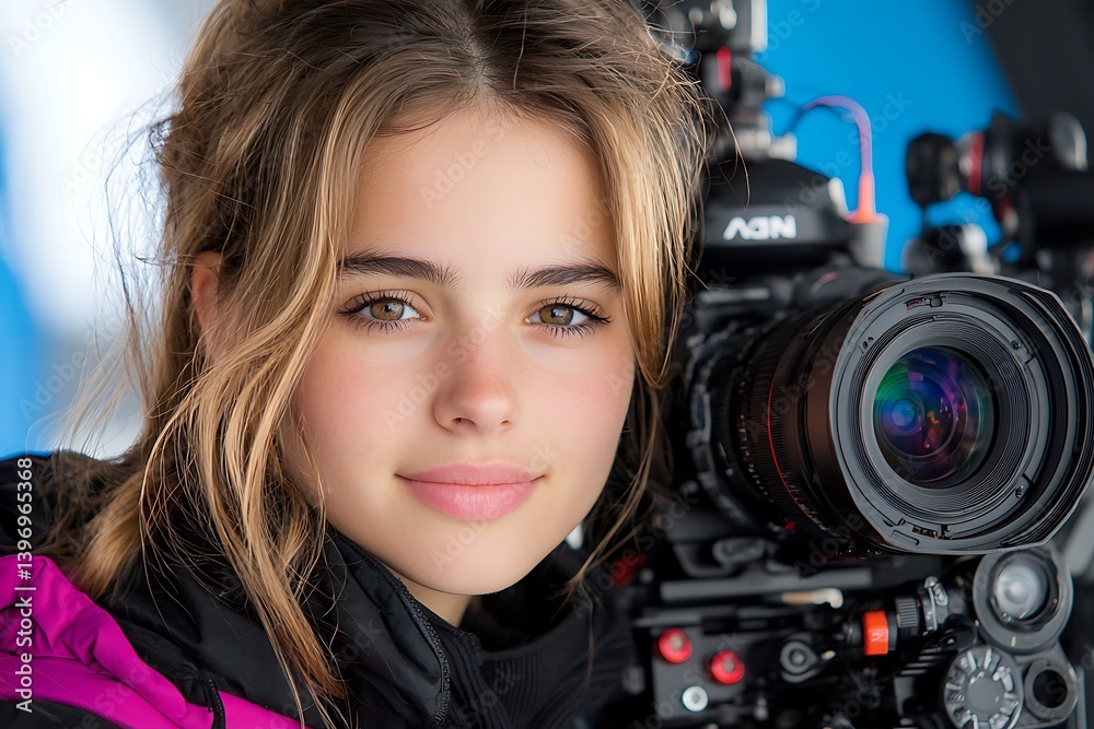 Young woman filmmaker with camera, and portrait. Young woman filmmaker with camera, and portrait.