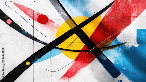 Abstract geometric street art with colorful shapes and bold lines on urban wall