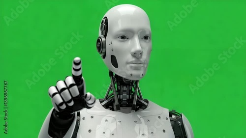 Humanoid robot pointing on green screen background for chroma key use