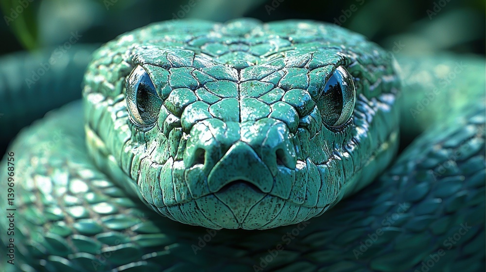Fototapeta premium Close-up of a vibrant green snake's head
