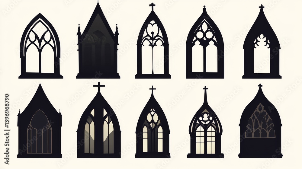 European architecture and cathedral interiors, such as gothic church windows, medieval arches, and contemporary silhouettes, showcase black stained glass frames European architecture and cathedral interiors, such as gothic church windows, medieval arches, and contemporary silhouettes, showcase black stained glass frames