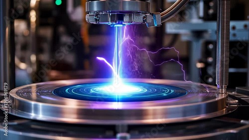 High-tech plasma discharge experiment showcasing electric arc and swirling energy pattern in laboratory setting