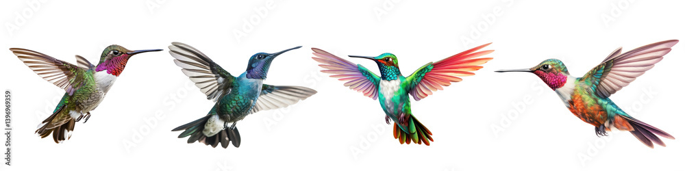 PNG Vibrant hummingbirds in flight, element set on transparent background PNG Vibrant hummingbirds in flight, element set on transparent background