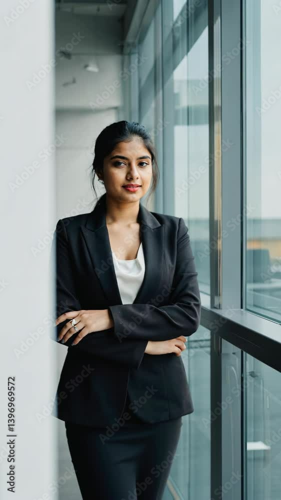 Confident businesswoman stands by large glass windows in modern office during afternoon Confident businesswoman stands by large glass windows in modern office during afternoon