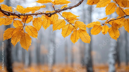 Autumn leaves on branch, misty forest